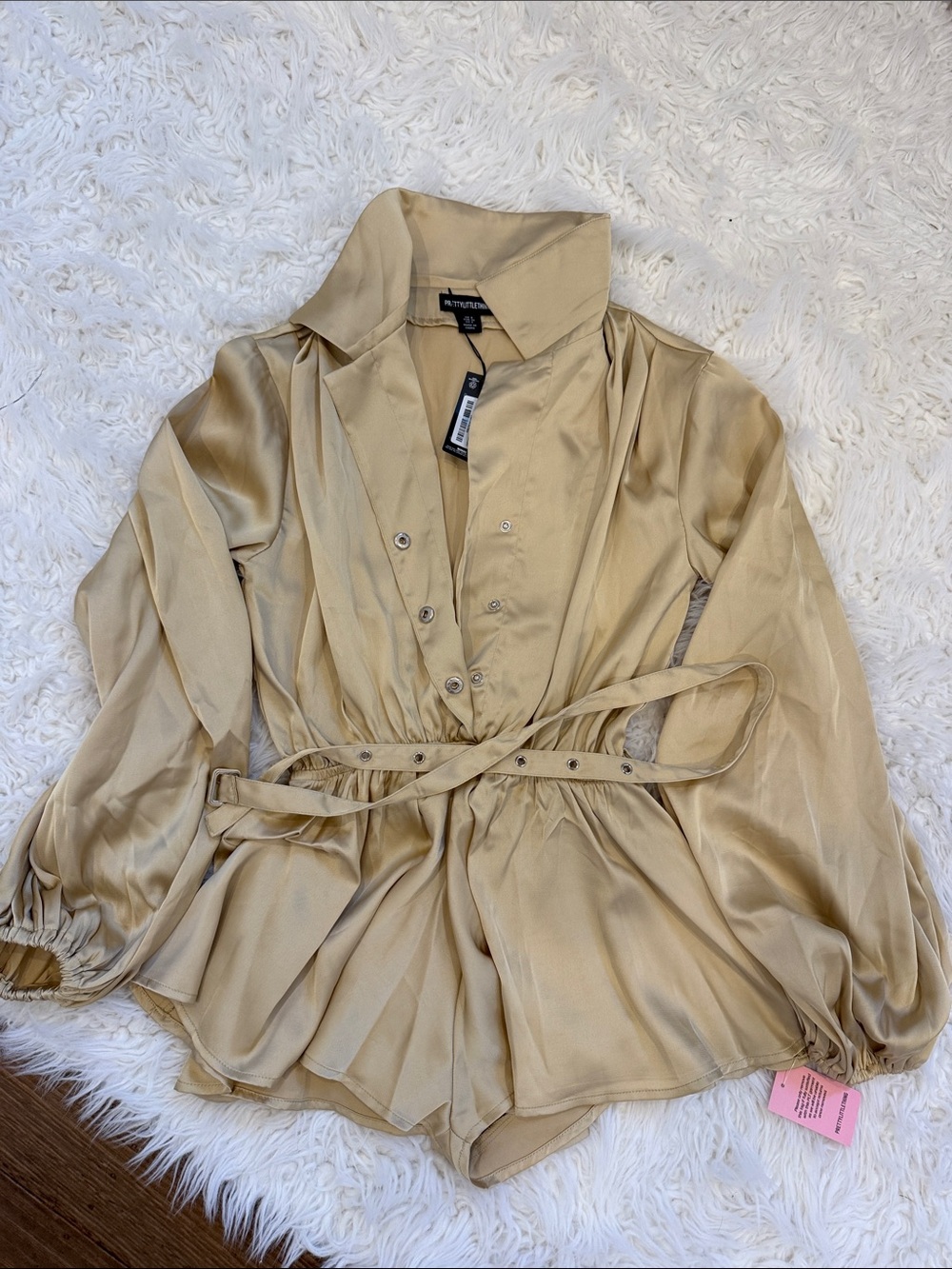 PrettyLittleThing Gold Satin Belted Button-Down Top